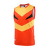 A vibrant red and orange AFL singlet featuring bold black accents and a stylised design. It includes branding details.