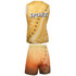 A yellow and orange basketball uniform featuring a sleeveless jersey and matching shorts, with a logo on the front.