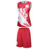 A red basketball uniform featuring a sleeveless jersey and matching shorts, with a logo and graphic design.