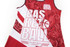 A red and white women's basketball singlet featuring a graphic design and a logo.