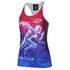 A women's singlet in red and blue featuring a dynamic running figure design and a logo.