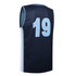 A navy reversible basketball top with light blue accents and the number 19 on the back. It features a logo.