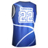 A blue basketball uniform singlet featuring a number and an area for a player name, with a curved design.