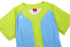A baseball full button tee in light blue and neon green, featuring a logo on the front.