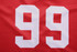 A red baseball full button tee featuring large white numbers '99'. The fabric is breathable and textured.
