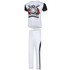 White baseball jersey with black sleeves and graphic design, paired with white pants featuring black accents.