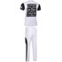 Baseball team wear featuring a white jersey with black accents and matching white pants, including a logo.