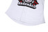 A white baseball jersey featuring a graphic design with red and black accents and a logo.