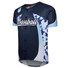 A baseball vest in navy blue and light blue with a camo design and a logo on the shoulder.