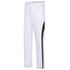 White baseball training pants with a black side stripe. The pants feature a branding logo on the waistband.