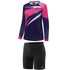 A sports uniform featuring a long-sleeve jersey in navy and pink, paired with black shorts, includes a logo.