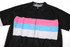 A black cycling jersey featuring horizontal stripes in pink, blue, and grey. It has a zip-front design and a logo.