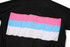 A black sports jersey featuring horizontal stripes in pink, light blue, white, and blue. The jersey has a logo on it.
