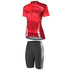 A red cycling jersey with short sleeves and black shorts, featuring a logo on the jersey.
