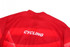 A red cycling uniform jersey featuring a logo on the back. The fabric appears lightweight and breathable.
