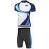 Cycling team wear featuring a short-sleeve jersey with blue and white swirls and matching black shorts. Includes a logo.