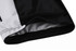 A close-up of a black and white bicycle jersey featuring a hem with stitching details and a logo.
