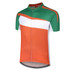 A cycling team wear top featuring green, orange, and white colours with a full zipper and short sleeves.