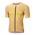 A cycling jersey in a light yellow colour with short sleeves and a front zip, featuring a panel design and a logo.