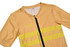 A cycling jersey in peach with yellow stripes and a front zipper, featuring a logo on the chest.