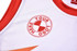 A white sports jersey featuring red accents and a logo on the chest area.