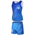 A blue sports uniform featuring a sleeveless jersey and matching shorts, with a logo included.