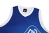 A blue sports jersey with a white collar and an emblem, featuring a sleeveless design.