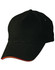 A black cap with a curved peak, featuring a contrasting red accent on the brim and a logo present.