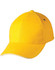 A yellow cap with a rounded crown and a curved peak, featuring a small logo on the side.