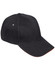 A black cap with a curved brim and a small logo tag. Features include metal eyelets for ventilation.