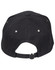 A black cap with a curved brim, showing eyelets and an adjustable strap at the back. It features a logo.