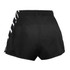 Black football shorts with a contrasting striped design on the sides and an elastic waistband. Features a logo.