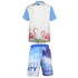 A sports uniform featuring a light blue shirt with flamingo graphics and blue shorts with wave designs.