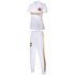 A white cricket uniform featuring a polo shirt and matching pants, with gold accents and a logo.