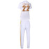 A white cricket uniform featuring gold accents, including a jersey with short sleeves and matching trousers.
