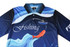 A blue and dark blue long-sleeve fishing uniform featuring fish graphics and a logo on the chest.
