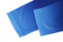 A close-up of fabric in varying shades of blue, featuring stitched seams from a sports uniform.