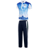 A blue and white fishing team uniform featuring a patterned jersey and navy pants, with a logo.