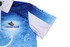 A blue and white fishing team jersey featuring a design with waves and a logo, highlighting a vibrant aquatic theme.