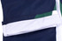A close-up of a navy fishing uniform with green and white accents, featuring a pocket and logo.