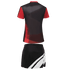 A sports uniform featuring a red and black jersey with a black skirt, includes a logo on the design.