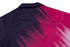 A shirt featuring a gradient design with dark navy and vibrant pink hues, complete with a logo.