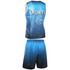 A blue sports uniform featuring a sleeveless top and shorts, with a logo and abstract handprint design.