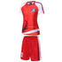 A red soccer uniform consisting of a jersey and shorts, featuring a logo and white accents.
