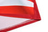 A close-up of a red and white striped soccer uniform, featuring mesh detailing and a logo on the fabric.