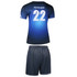 A blue soccer uniform featuring a jersey and shorts, with a number 22 and a logo on the shirt.