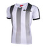 A jersey featuring vertical grey and white stripes, short sleeves, and a logo on the front.