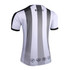 A jersey featuring vertical black and grey stripes with a predominantly white background and a branding logo.