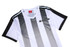 A striped jersey featuring black and white colours, with short sleeves and a logo on the front.