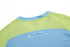 A sailing club t-shirt in green and blue with a branding logo on the back.